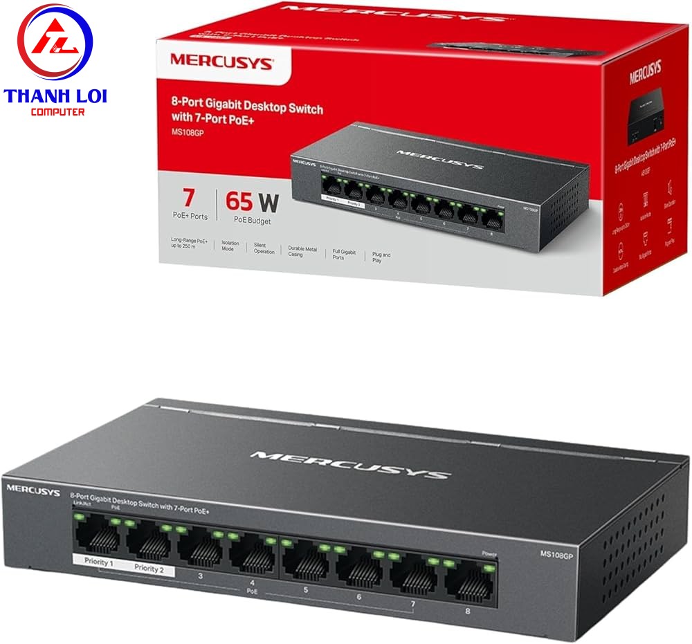 Switch Để Bàn Gigabit 8 Cổng với 7 cổng PoE+ Mercusys MS108GP